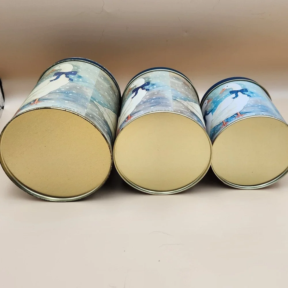 3pc Vintage Blue Ribbon Country Goose Nesting Tin Canisters Cottagecore Granny